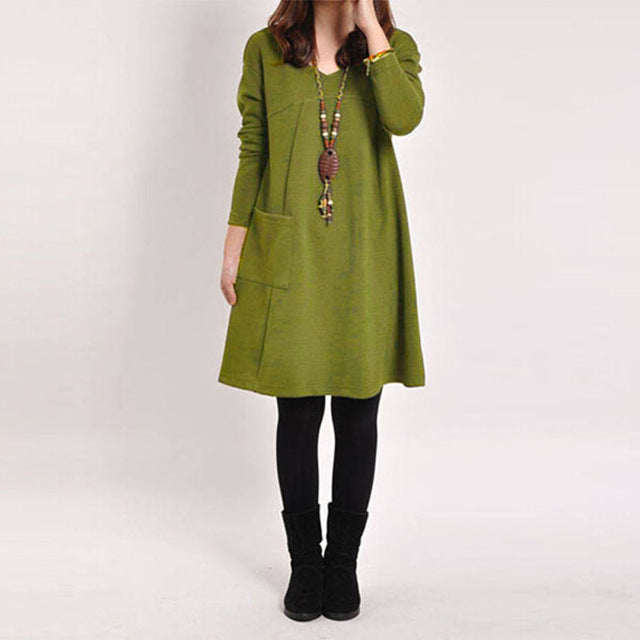 Vestidos 2020 Spring ZANZEA Women Vintage Long Sleeve Pocket Dress Ladies Casual Loose Solid V Neck Dresses Plus Size