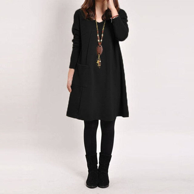 Vestidos 2020 Spring ZANZEA Women Vintage Long Sleeve Pocket Dress Ladies Casual Loose Solid V Neck Dresses Plus Size