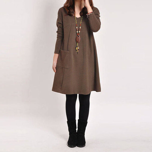 Vestidos 2020 Spring ZANZEA Women Vintage Long Sleeve Pocket Dress Ladies Casual Loose Solid V Neck Dresses Plus Size