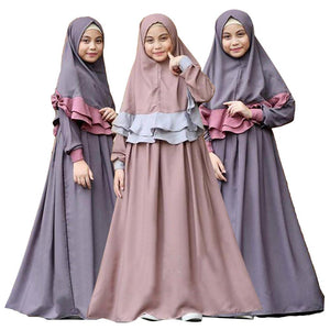 2PCS Arab Girls Long Sleeve Maxi Dress Hijab Set Muslim Kids Prayer Abaya Jilbab Islamic Party Gown Clothing Suit Middle East