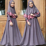 2PCS Arab Girls Long Sleeve Maxi Dress Hijab Set Muslim Kids Prayer Abaya Jilbab Islamic Party Gown Clothing Suit Middle East