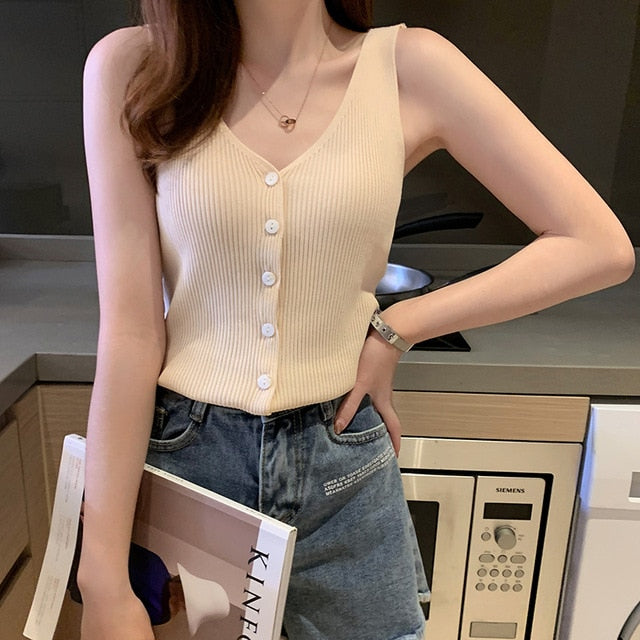 Fashion Button Knit Vest Women Top Camisole Female Solid Elastic knited Slim Sleeveless Tops Femme 2020 Summer Casual Camis New