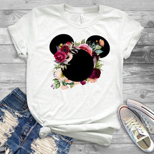 Women Fashion Graphic Flower Womens T-Shirt Cute Ear Tshirts Girl Laides Tumblr Tee Hipster Clothing Female T Shirt Print Tees