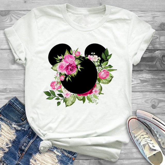 Women Fashion Graphic Flower Womens T-Shirt Cute Ear Tshirts Girl Laides Tumblr Tee Hipster Clothing Female T Shirt Print Tees