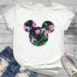 Women Fashion Graphic Flower Womens T-Shirt Cute Ear Tshirts Girl Laides Tumblr Tee Hipster Clothing Female T Shirt Print Tees