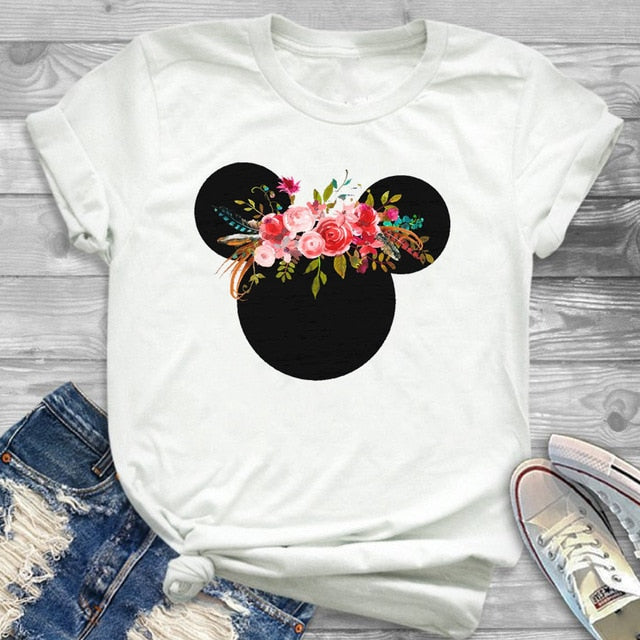 Women Fashion Graphic Flower Womens T-Shirt Cute Ear Tshirts Girl Laides Tumblr Tee Hipster Clothing Female T Shirt Print Tees