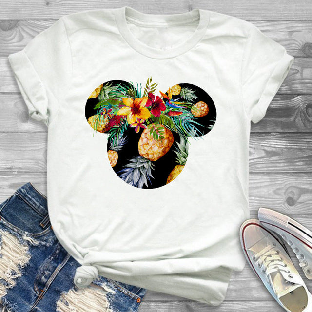 Women Fashion Graphic Flower Womens T-Shirt Cute Ear Tshirts Girl Laides Tumblr Tee Hipster Clothing Female T Shirt Print Tees