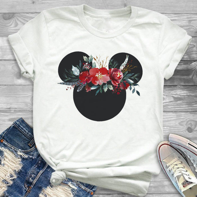 Women Fashion Graphic Flower Womens T-Shirt Cute Ear Tshirts Girl Laides Tumblr Tee Hipster Clothing Female T Shirt Print Tees