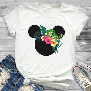 Women Fashion Graphic Flower Womens T-Shirt Cute Ear Tshirts Girl Laides Tumblr Tee Hipster Clothing Female T Shirt Print Tees