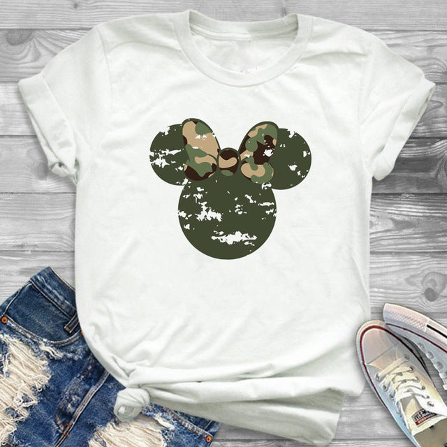 Women Fashion Graphic Flower Womens T-Shirt Cute Ear Tshirts Girl Laides Tumblr Tee Hipster Clothing Female T Shirt Print Tees