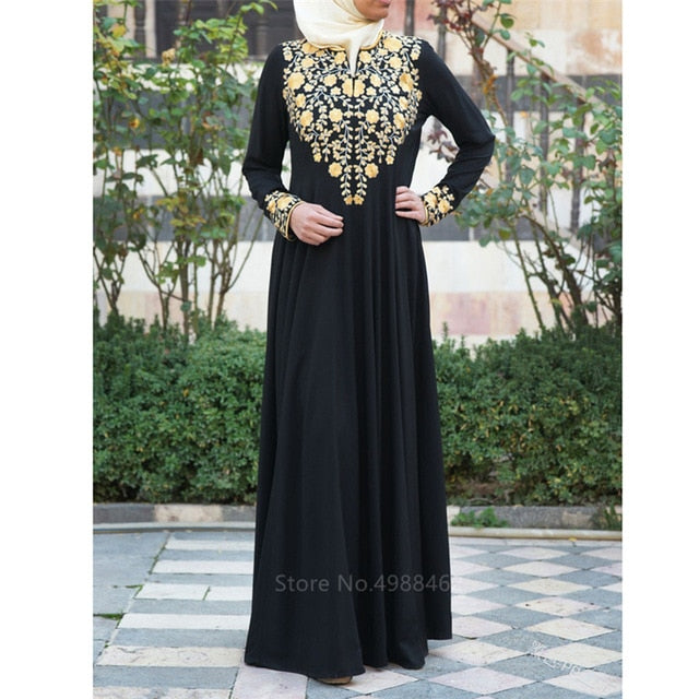Muslim Traditional Clothing fashion Women Islamic Duiba Abaya Turkish Party Elegant Golden Printed Long Sleeve Maxi Dress Kaftan