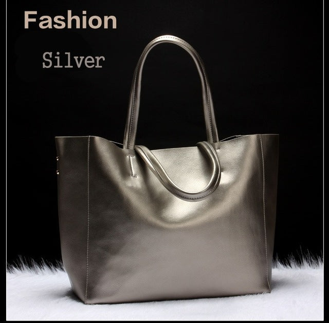 Europea Silver Genuine Leather Women Bags 2020 Large Purses and Handbags High Capacity Shopping  Ladies Big handle Hand Bag Tot