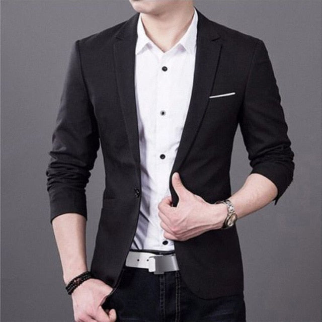 Korean Slim Fit Blazer Men Cotton Suits Jacket Black Blue Plus Size M To 3XL Male Blazers Mens Coat Wedding Clothes