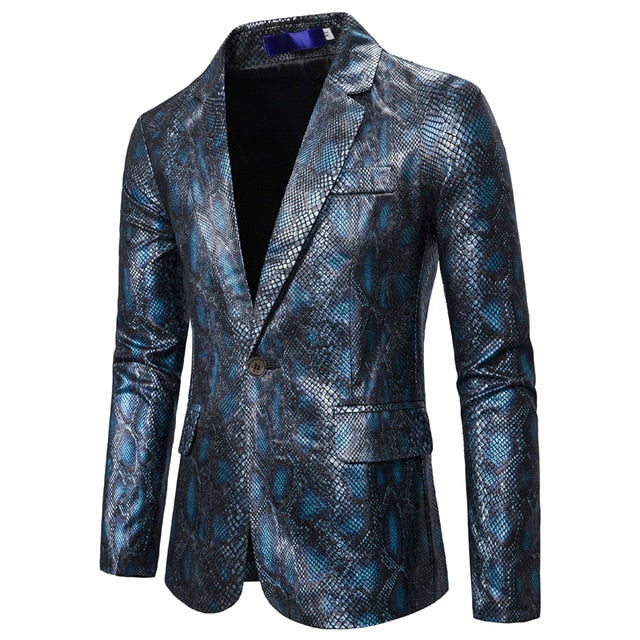 Tide Men Snake Skin Pattern Blazer Hot Stamping Python Print Suit Blazers Men's Large Size Nightclub Host Singer Blazes S-2XL