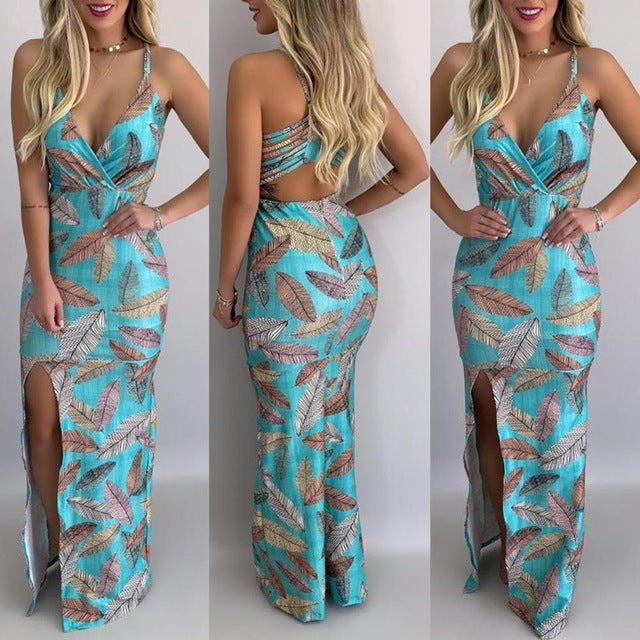 Women Deep V Neck Side Slitting Leaves Floral Print Hollow out Long Sling Dress New Sexy Flower Leaf Print V Neck Women Dress