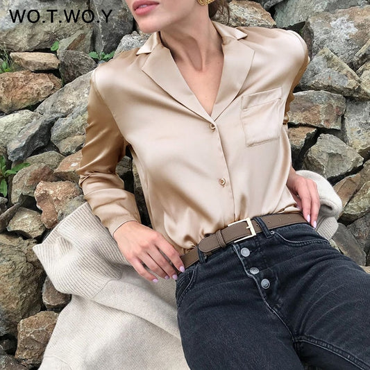 WOTWOY Elegant Long Sleeve Silk Blouses Women Summer White Blouse Shirt Female Blusa Feminina Tops Haut Femme Kimono 2020 New