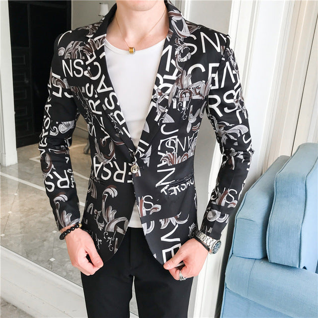 New Men Blazer Luxury Flowers Allover Printing Prom Suit Blazers Single Button Party Male Nightclub Slim Fit Wedding Suit Jacket