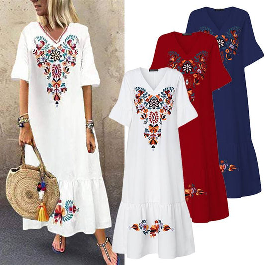 Bohemian Printed Maxi Dress ZANZEA 2020 Women's Sundress Summer Casual V-Neck Vestidos Female Short Sleeve Floral Ruffle Robe