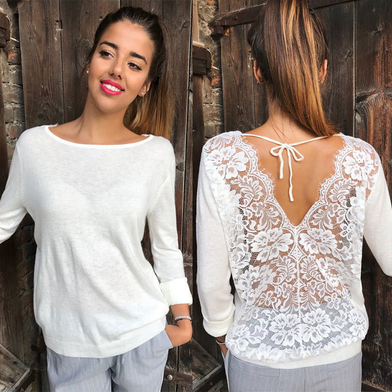 New Fashion Women Backless Lace Sheer Long Sleeve Embroidery Floral Lace Crochet Tee Shirt Tops Blouse