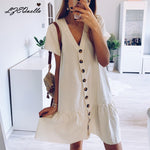 LZEQuella women short sleeve v neck mini shirt dress button solid color dresses vintage spring summer female vestidos NZ235