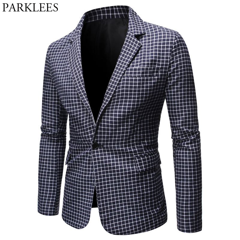 Mens Plaid Checked Suit Blazer 2020 Spring New Slim Fit One Button Notch Lapel Casual Deily Dress Suit Jacket Blazer Masculino