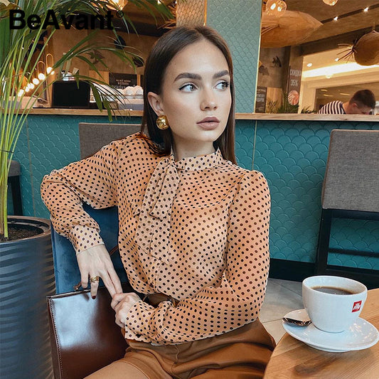 BeAvant Polka Dot Ladies OL Blouses Spring Long Sleeve Neck Tie Chiffon Blouse Shirts Elegant Women 2020 Casual Blusa Tops Chic