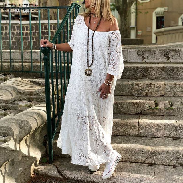 ZANZEA Women Lace Crochet Maxi Long Dress Summer O Neck 3/4 Sleeve Party Vestido Robe Femme Bohemian Sundress Casual Loose Dress