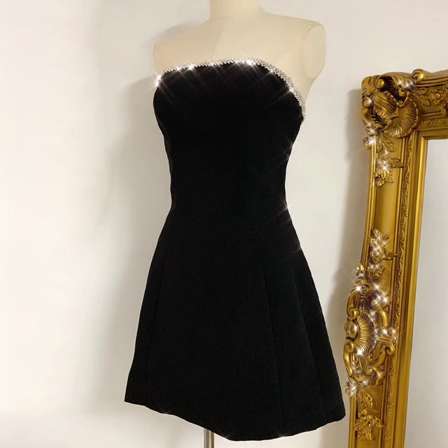 TWOTWINSTYLE Sexy Evening Party Dress Women Slash Neck Strapless High Waist Mini Patchwork Diamonds Dresses Female Clothing Tide
