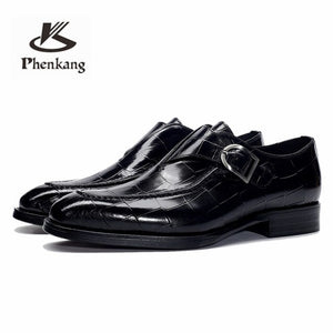 Men leather shoes business dress suit shoes men brand Bullock genuine leather black slipon wedding mens shoes Phenkang 2020