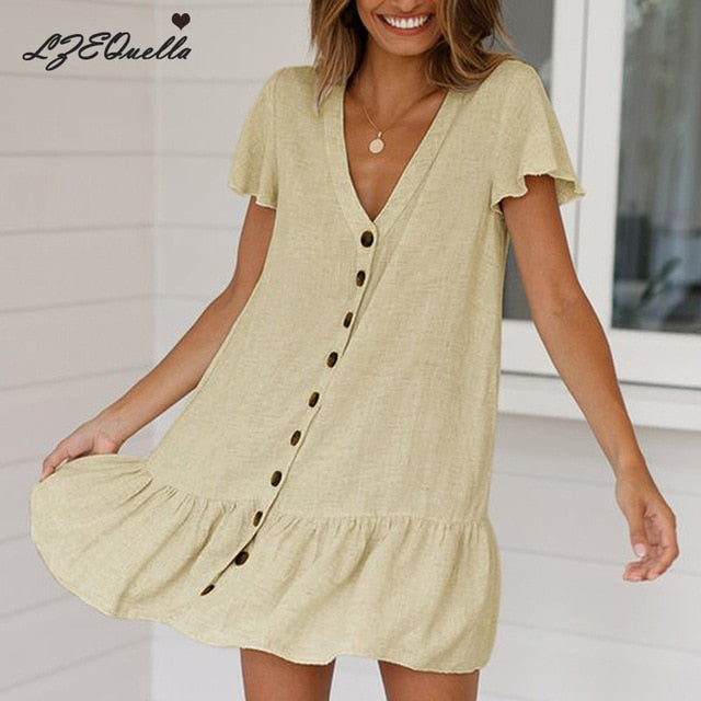 LZEQuella women short sleeve v neck mini shirt dress button solid color dresses vintage spring summer female vestidos NZ235