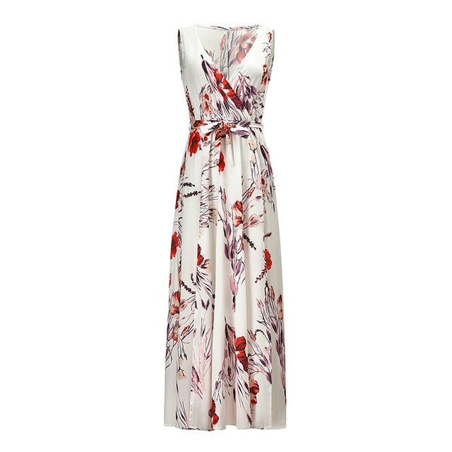 Summer Sleeveless boho Dress Women Sexy Beach Sundress Floral Print Split Dresses Party Holiday V neck Sashes Long Dresses NZ600