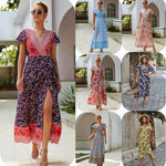 2020 Women Dresses Summer Floral Printing Long Dresses V-Neck Dresses Short Sleeve Ruffle Bohemia Female Dresses