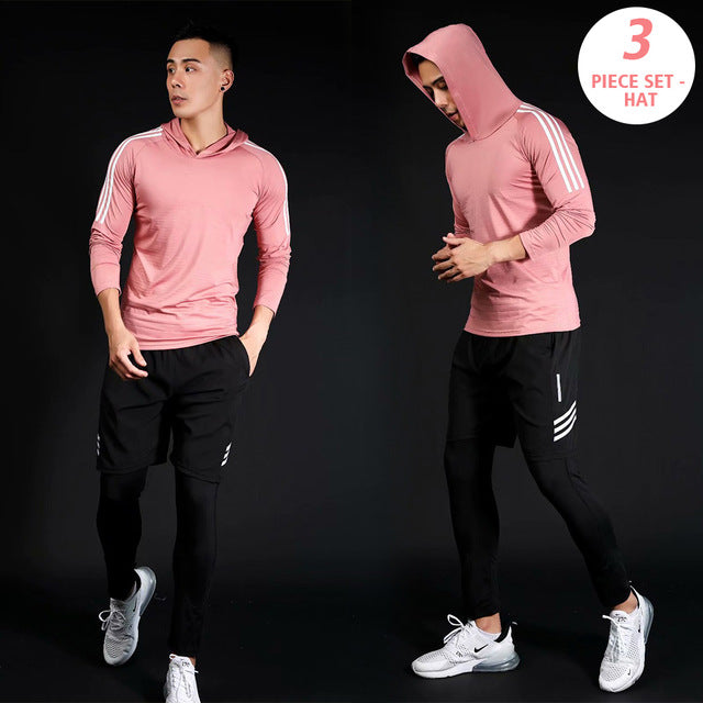 3pcs / set Men's Workout Sport Suit Gym Fitness Compression Clothes Running Jogging Sport Wear Exercise Workout Tights