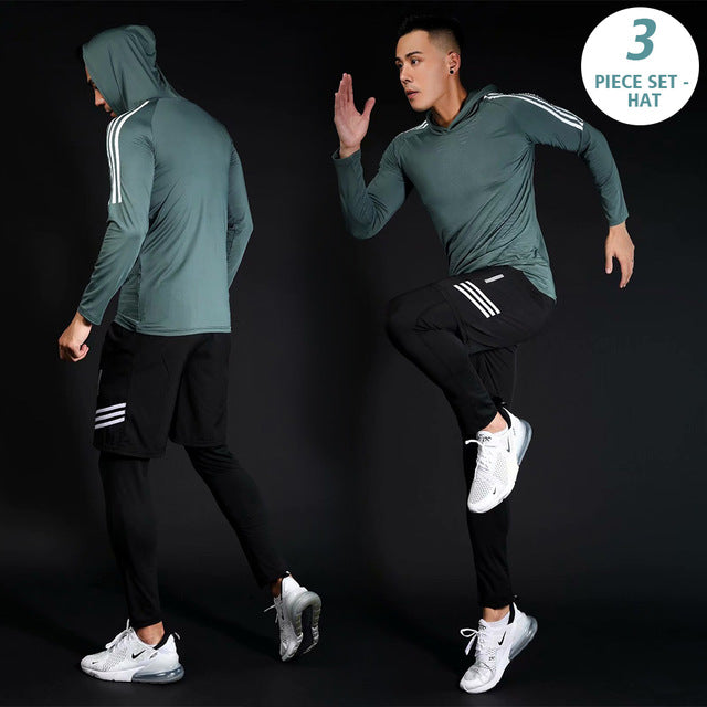 3pcs / set Men's Workout Sport Suit Gym Fitness Compression Clothes Running Jogging Sport Wear Exercise Workout Tights