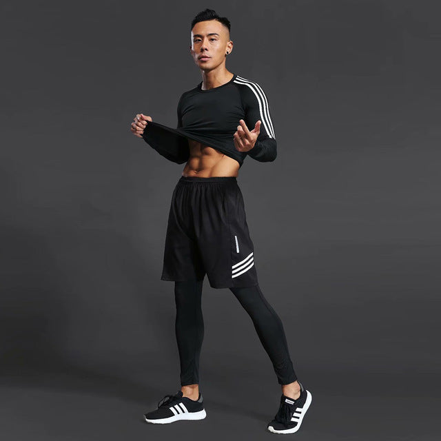 3pcs / set Men's Workout Sport Suit Gym Fitness Compression Clothes Running Jogging Sport Wear Exercise Workout Tights