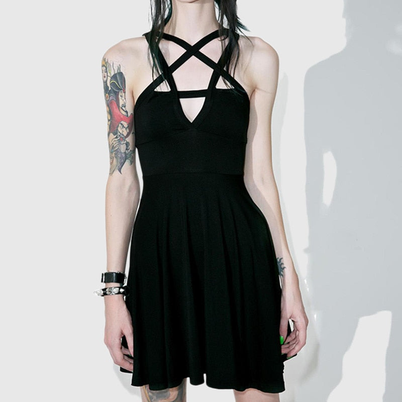 Five-Pointed Star Design Mini Dress Sexy Summer Women Slim Black Pentagram Women Goth Dress Sexy Fashion Dress