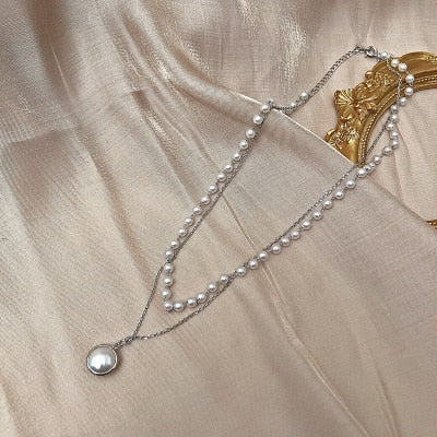 Kpop Fashion Pearl Choker Necklace Women Cute Girl Double Layer Chain Silver Gold Pendant Chokers Necklaces 2020 Jewelry Woman