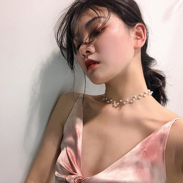 Kpop Fashion Pearl Choker Necklace Women Cute Girl Double Layer Chain Silver Gold Pendant Chokers Necklaces 2020 Jewelry Woman