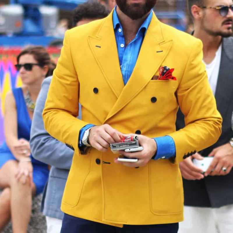 Yellow Slim fit Mens Blazer with Double Breasted Italian Fashion Style Tops Suit Jacket for Singer Prom Stage Male Coat Clothes