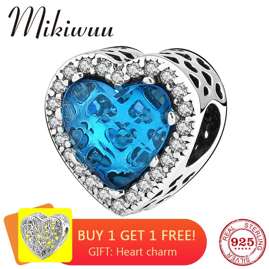 New 925 Sterling Silver Heart shape Blue zircon diy Beads womens accessories Jewelry making fit Original Pandora Charms Bracelet