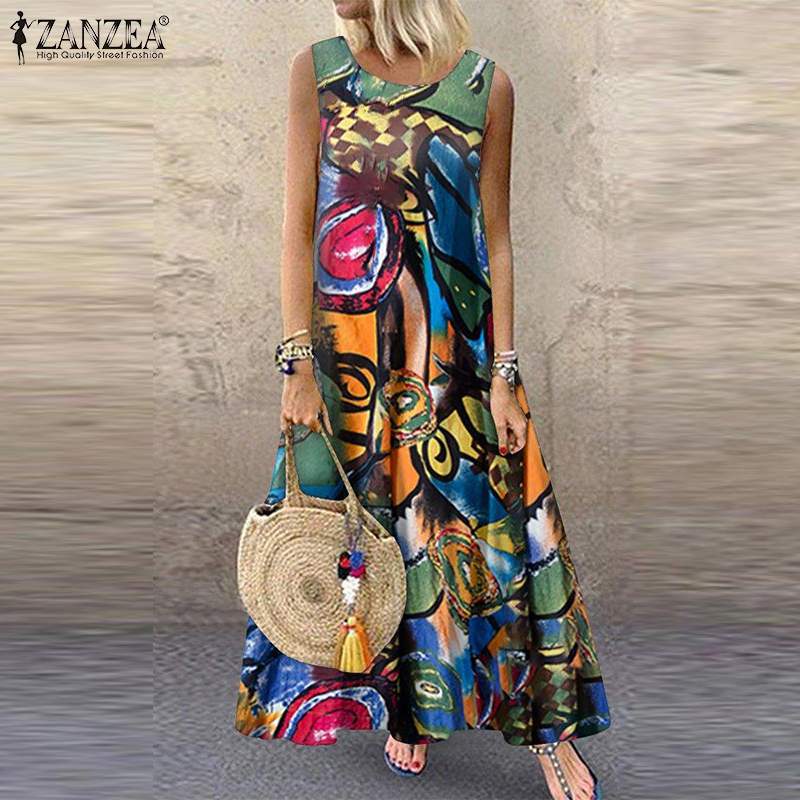 2020 ZANZEA Summer Casual O Neck Sundress Women Sleeveless Printed Loose Dress Vintage Bohemian Party Long Vestidos Femme Robe