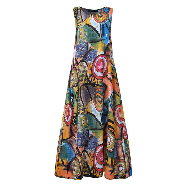 2020 ZANZEA Summer Casual O Neck Sundress Women Sleeveless Printed Loose Dress Vintage Bohemian Party Long Vestidos Femme Robe