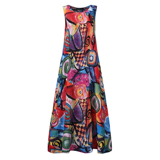 2020 ZANZEA Summer Casual O Neck Sundress Women Sleeveless Printed Loose Dress Vintage Bohemian Party Long Vestidos Femme Robe