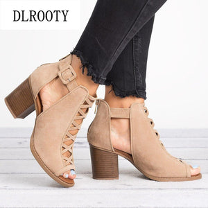 Woman Sandals Shoes Summer Pumps High Heels Thick Peep Toe Buckle Strap Fashion Hollow Solid Gladiator Plus Size 34-43