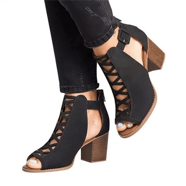 Woman Sandals Shoes Summer Pumps High Heels Thick Peep Toe Buckle Strap Fashion Hollow Solid Gladiator Plus Size 34-43