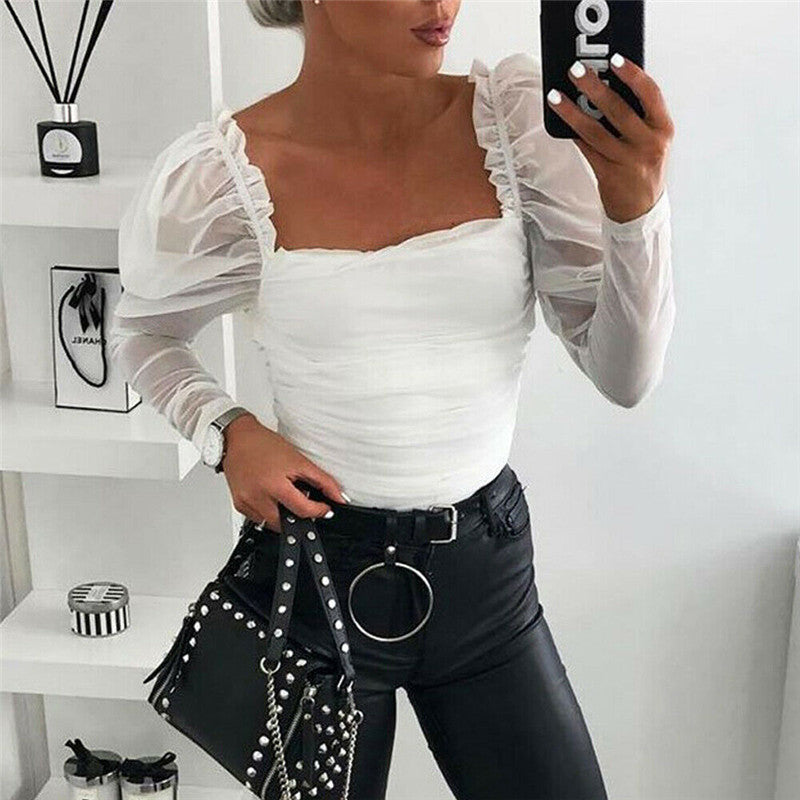 White Puff Sleeve Sexy Tulle Blouses Ladies Long Sleeve Tops Backless White Shirts Blusa Autumn Streetwear Fit Slim Clubwear