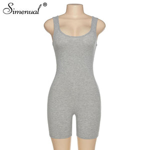 Simenual Ribbed Sporty Workout Biker Shorts Playsuits Women Sleeveless Casual Solid Fitness Bodycon Rompers Summer 2020 Clothing