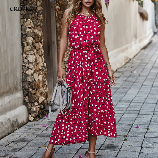 Long Summer Polka-Dot Dress Beach Dresses Bow Strapless Casual White Midi Sundress 2020 Red Summer Vacation Clothes For Women