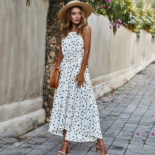 Long Summer Polka-Dot Dress Beach Dresses Bow Strapless Casual White Midi Sundress 2020 Red Summer Vacation Clothes For Women