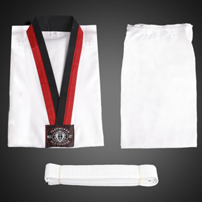 Taekwondo Equipment White Dobok Cotton Karate Uniform WTF Belt Red Black V-Neck Wesing Protector Judo For Kids Adult sauna suit